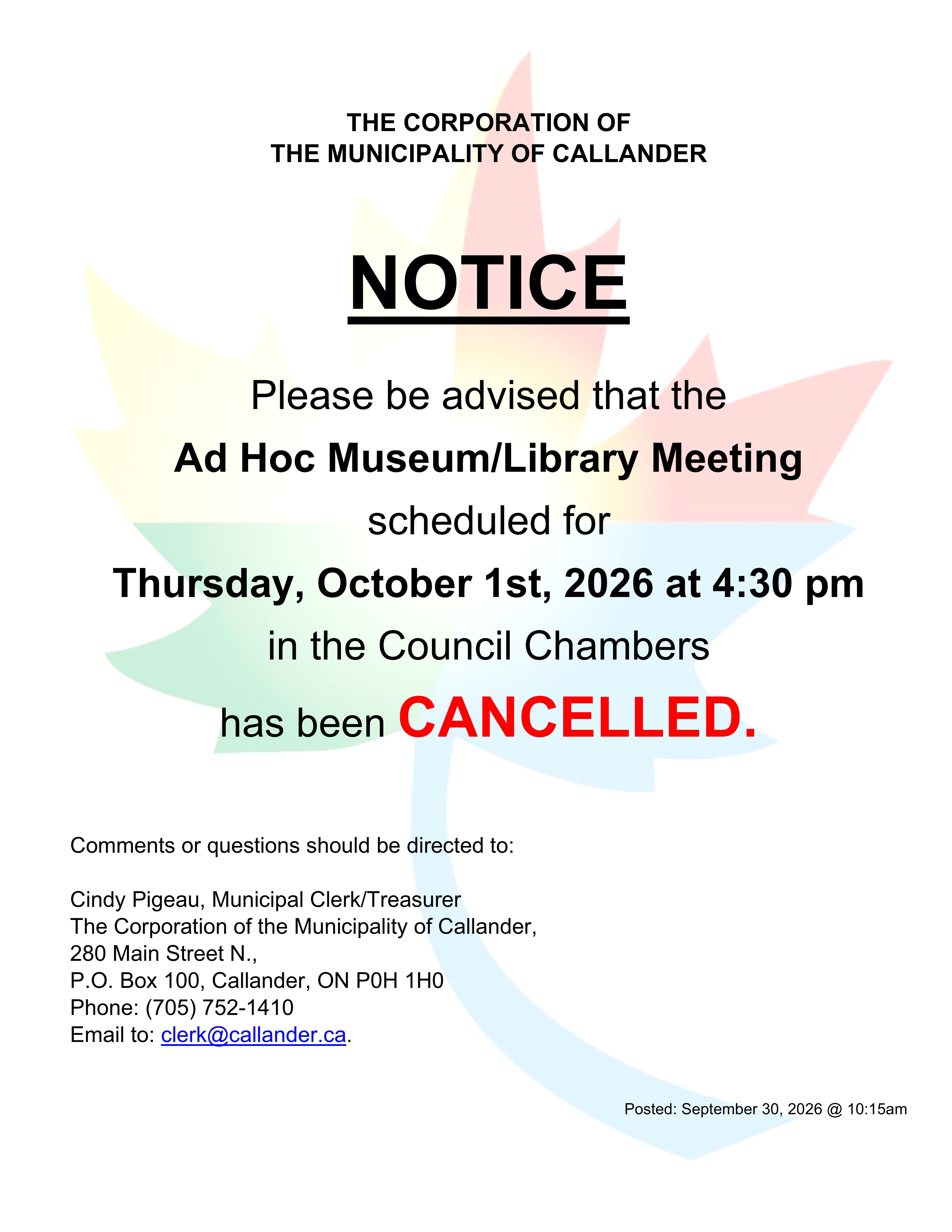 Cancellation of Ad Hoc Museum/Library Meeting